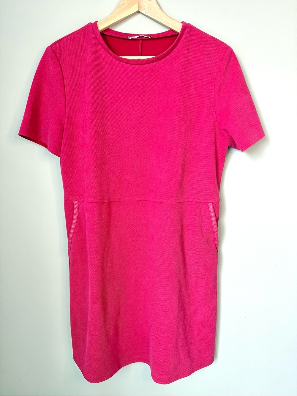 Zara Faux Suede Short Sleeve Shift Dress with Leather Trim Pockets Bright Pink